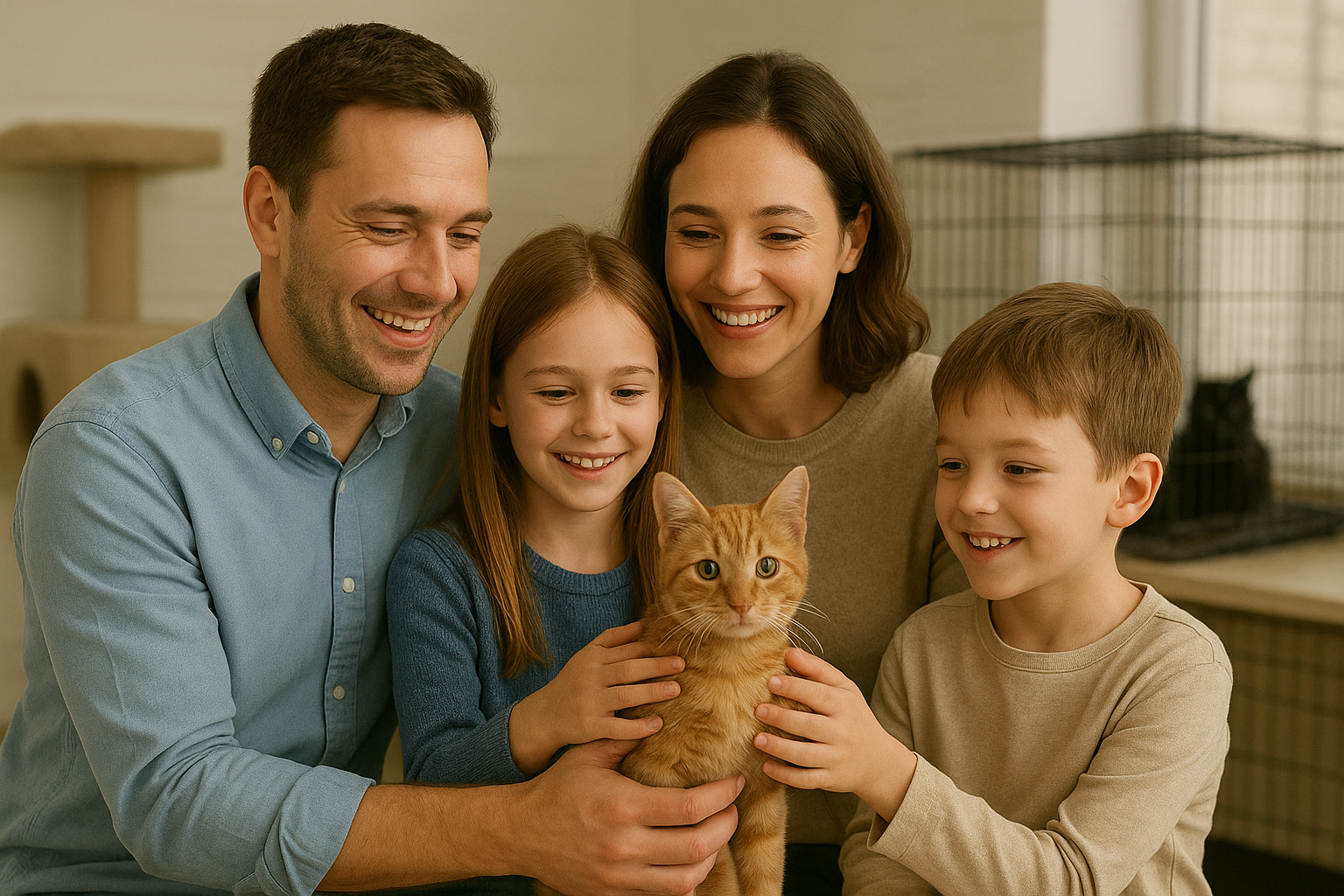 A smiling family happily adopting a new orange tabby cat.