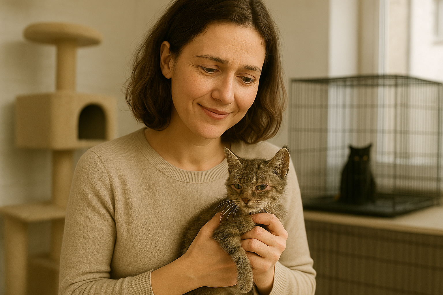 A foster volunteer holding a small, rescued kitten, showing a moment of quiet care.