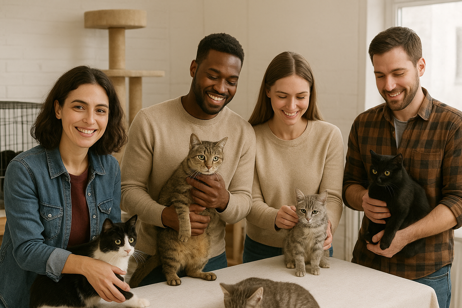 A group of happy Balthis Family Rescue volunteers holding several rescued cats.